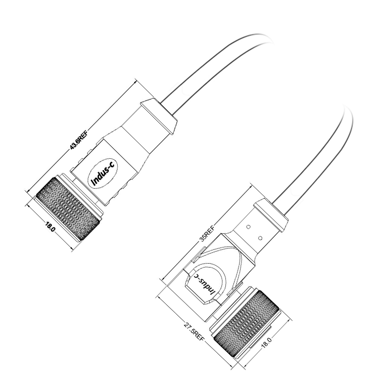 Push-pull m12 3pins A code female straight to female right angle molded cable,unshielded,PVC,-40°C~+105°C,22AWG 0.34mm²,brass with nickel plated screw